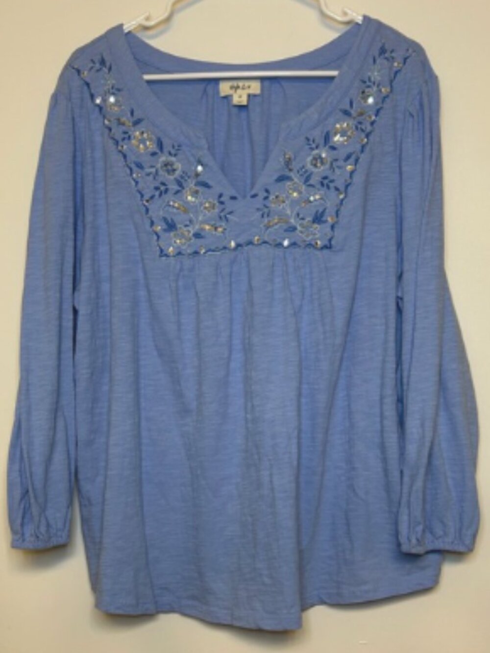 Style & Co Light Blue Embroidered Cotton Blouse 2X Long Sleeve Boho Peasant Top
